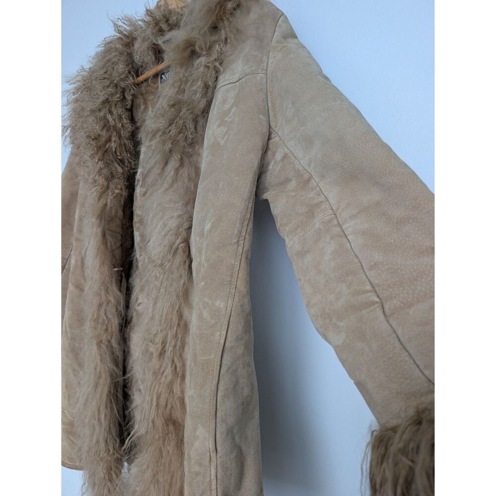 Vintage Real Leather Fur Trim Tan Penny Lane Longline Coat Jacket Sz S XOXO - Picture 8 of 16